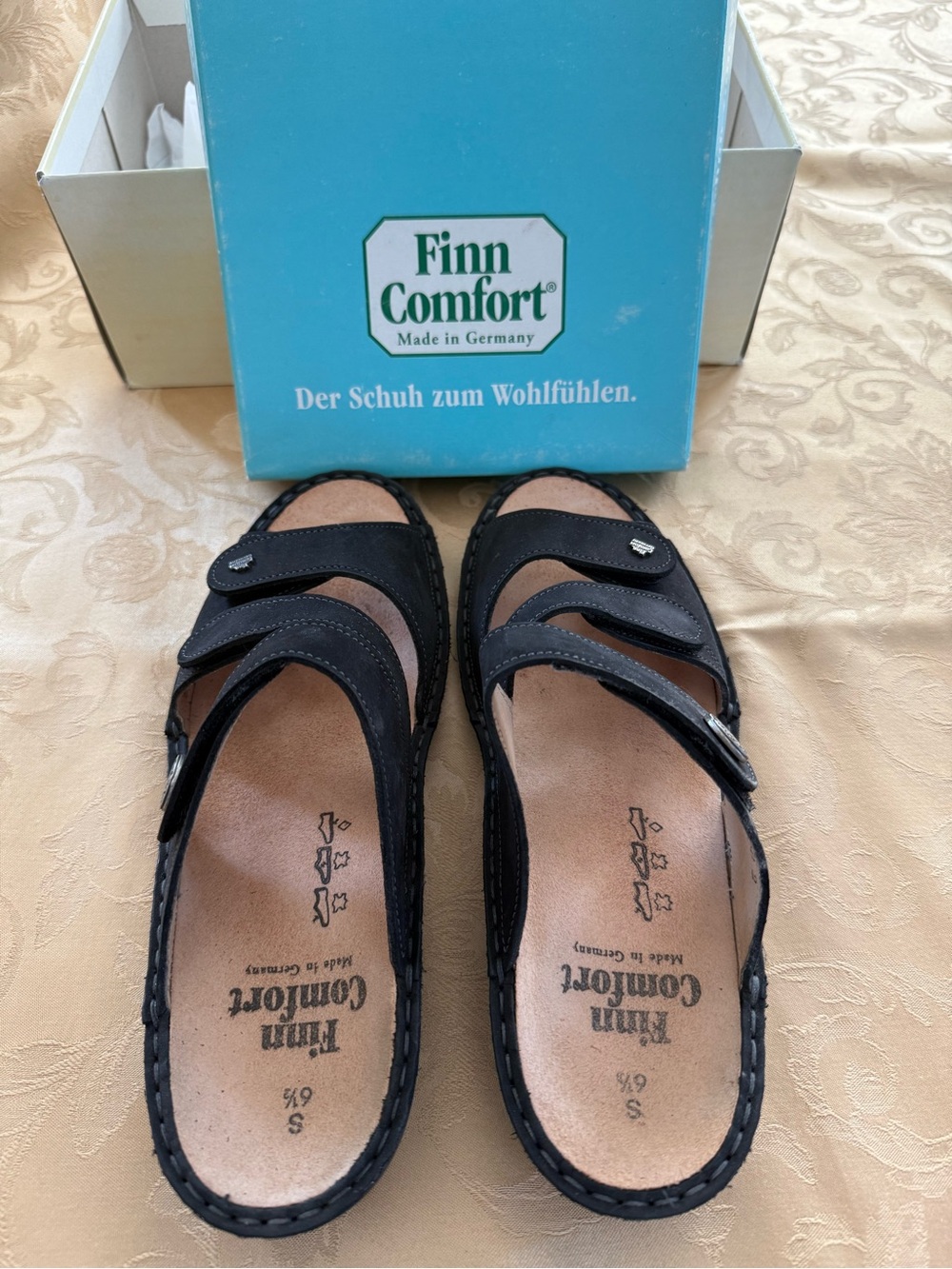 Finn Comfort Black Adjustable Leather Slide Sandals